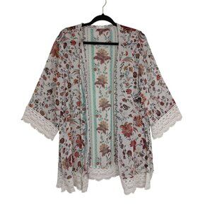 Floral Lace Trim Open Front Kimono Cardigan 2X Mason & Belle